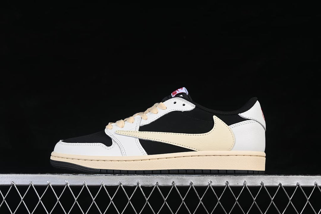 Side profile featuring a large cream-colored Swoosh against black and white panels.