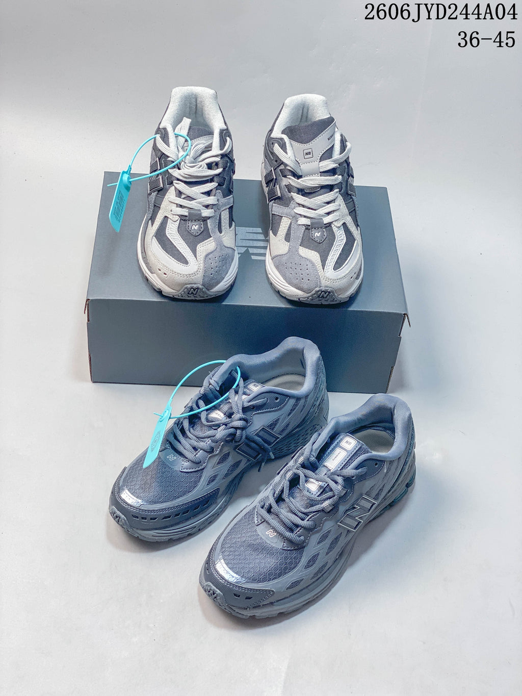 Several views of gray-toned New Balance 1906R sneakers