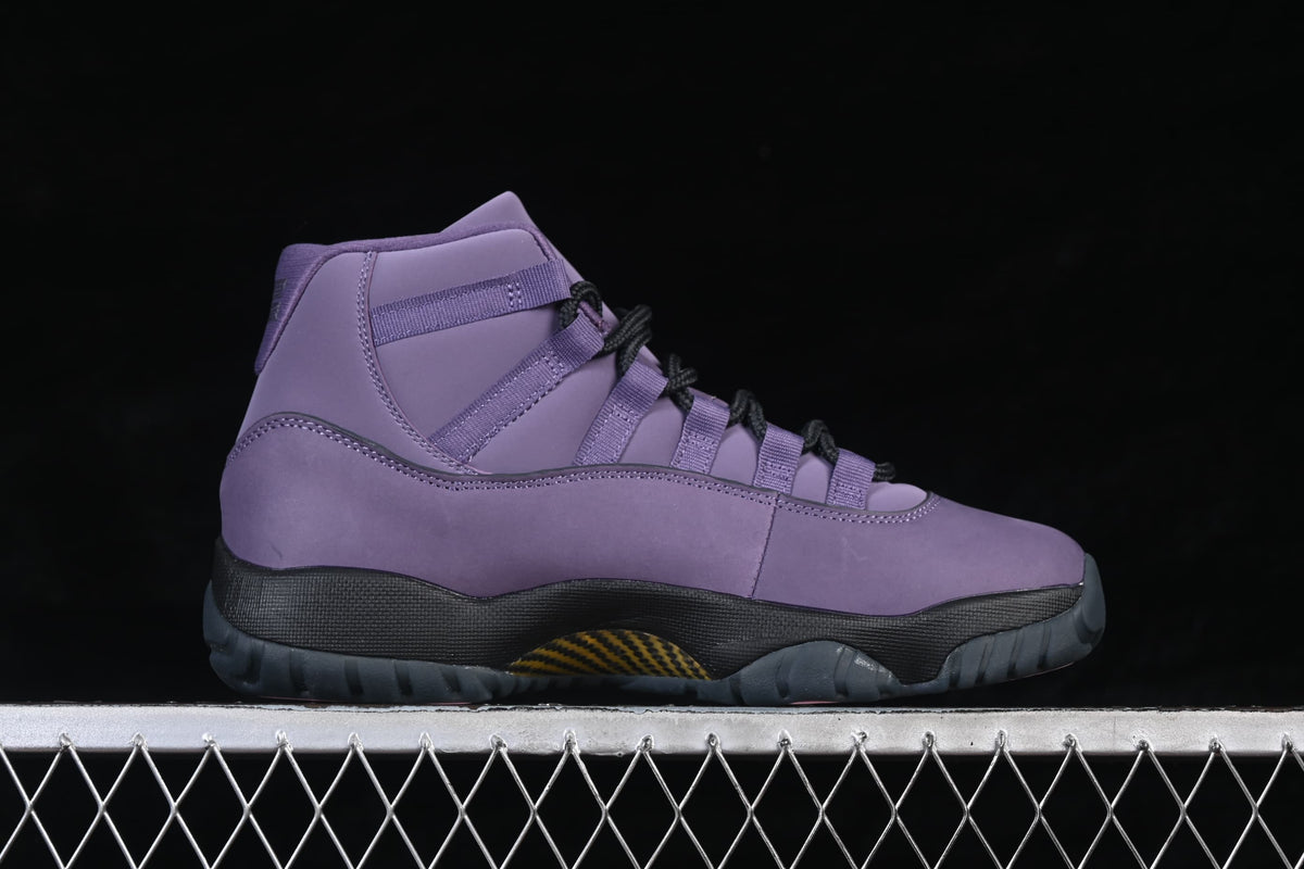 Side profile of a purple Air Jordan 11 high-top sneaker.