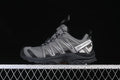 Side view of a gray Salomon XA Pro 3D trail shoe with black outsole and silver side branding.