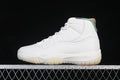 Side view of a white Air Jordan 11 Retro high-top sneaker with colorful collar accents and a translucent outsole.
