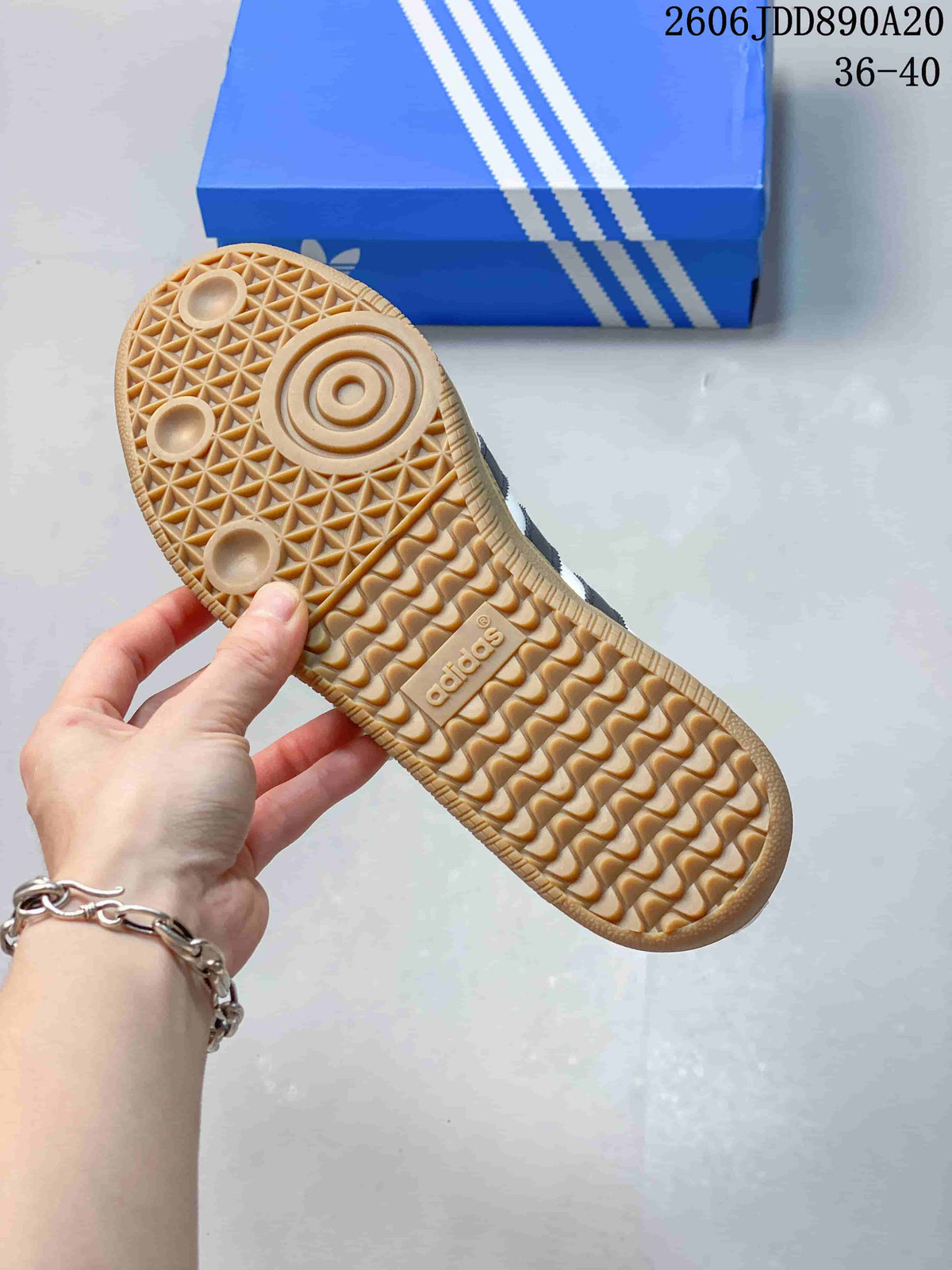 Close-up of the patterned gum-colored outsole on the adidas Samba Jane.