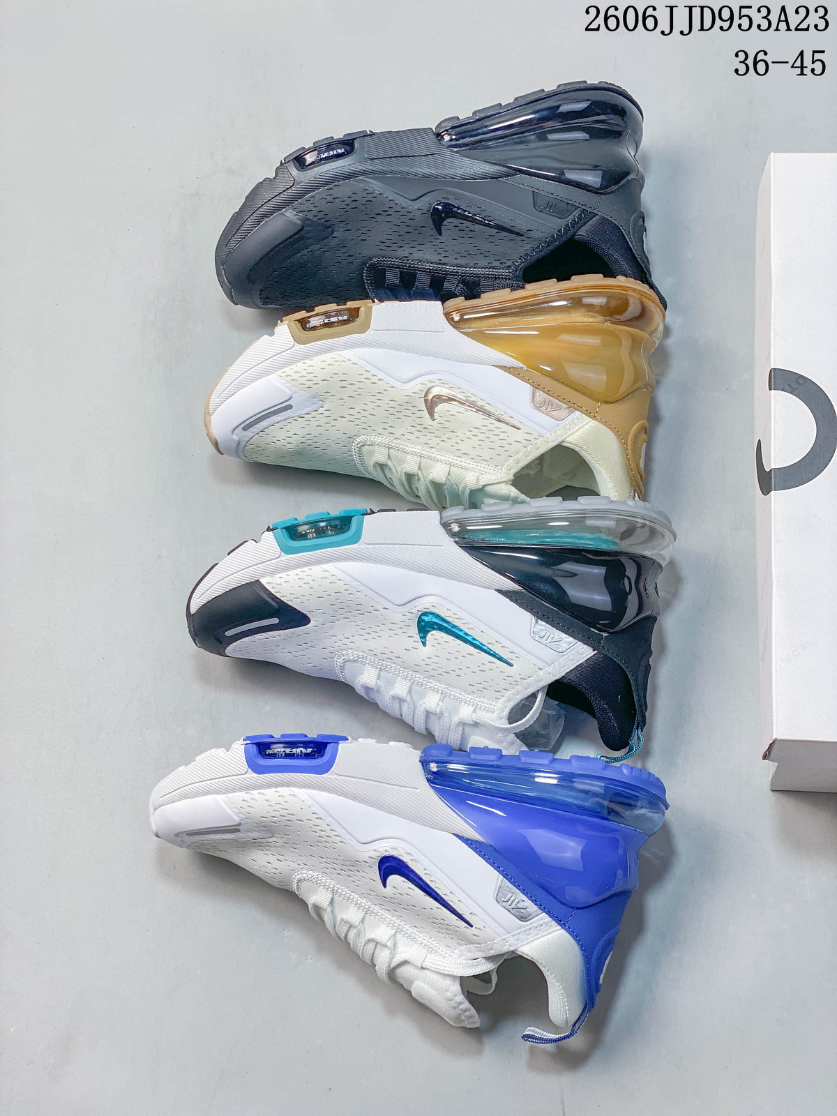 Several Nike Air Max 270 color combinations shown from the side.
