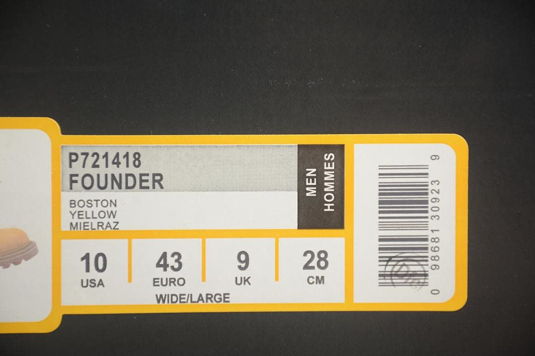 Shoe box label showing Founder, Boston Yellow, men's sizing, and sample size EU 43