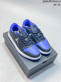 Pair of dark gray, blue, and white Jordan Court Connect low-top sneakers on a shoebox