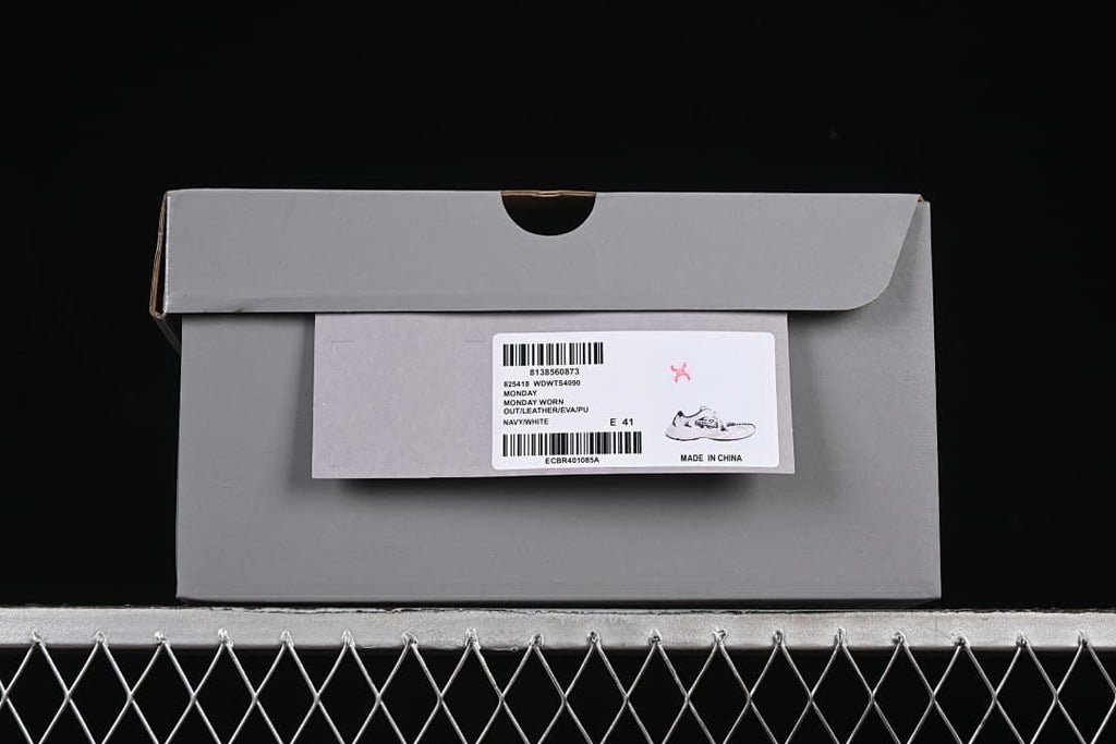 Shoebox label displaying Monday and model code WDWTS4090, with size E 41.