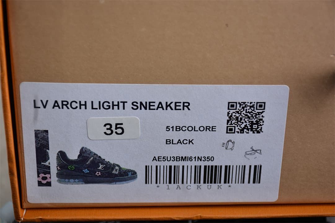 Sneaker box label identifying an LV Arch Light Sneaker in black, size 35