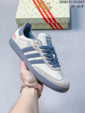 White Gazelle Indoor sneaker with blue accents, horse-themed box, and size range printed in the image.