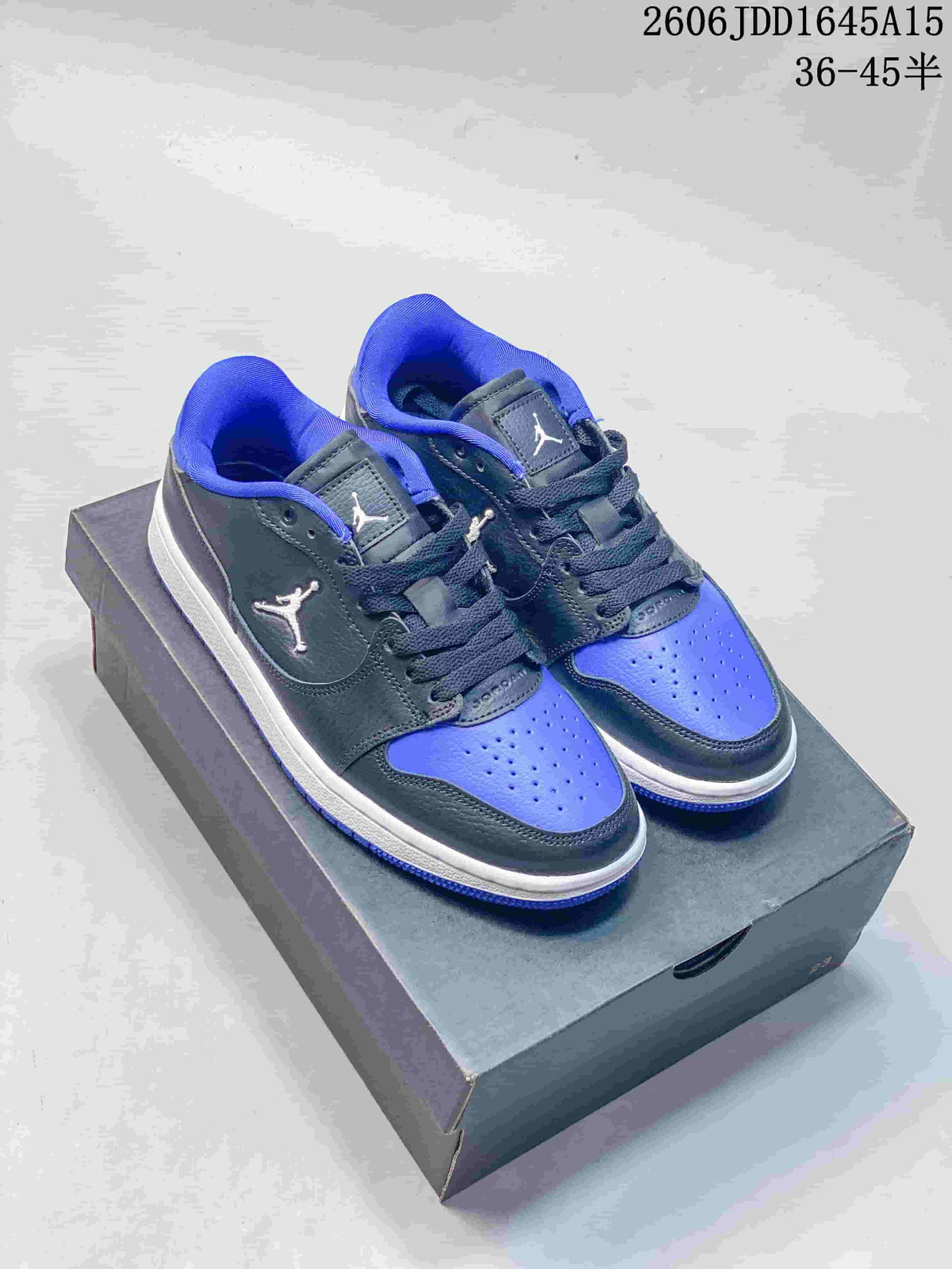 Pair of dark gray Jordan Court Connect low-top sneakers with blue toe panels and trim.