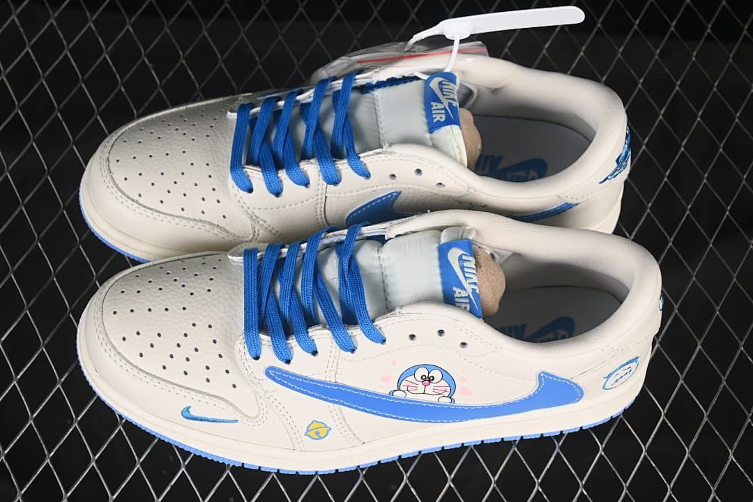 Top and side view of a pair of off-white low-top sneakers with blue laces and graphic details.