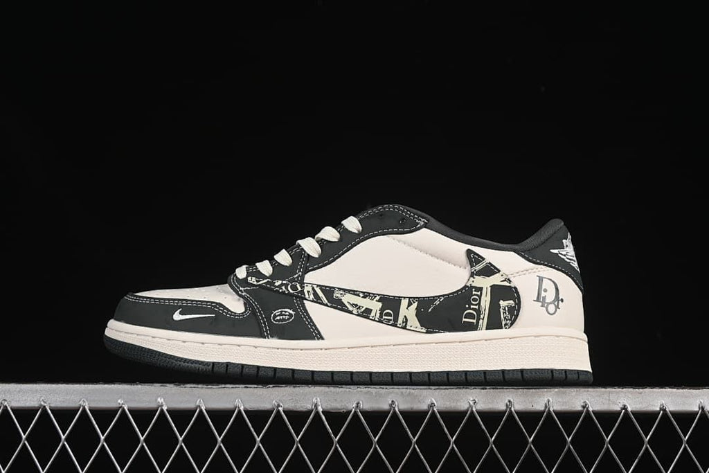 Side view of a black-and-white low-top sneaker with patterned side panels and a light-colored midsole.