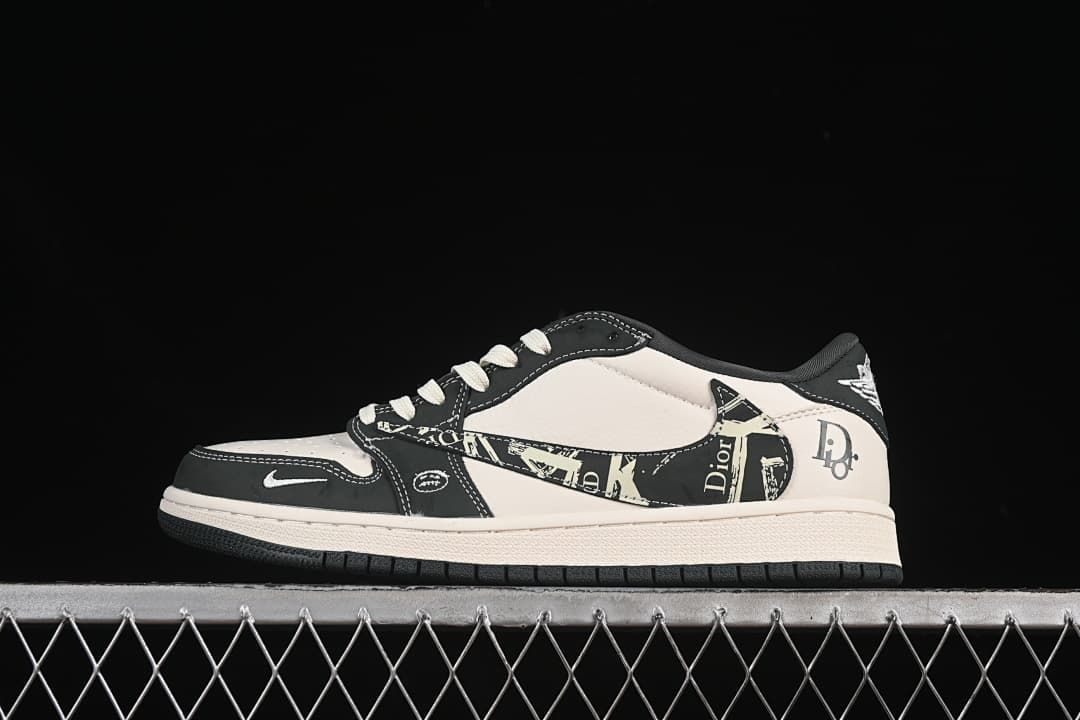 Side view of a black-and-white low-top sneaker with patterned side panels and a light-colored midsole.