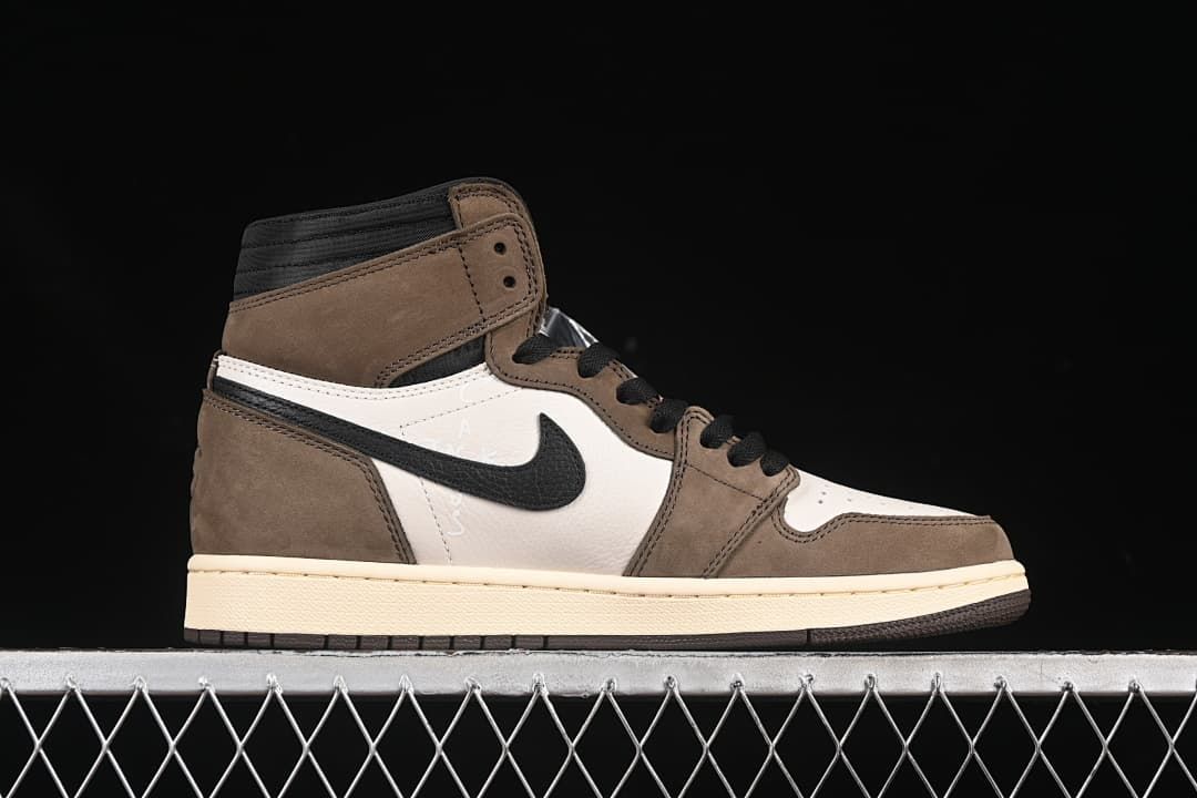 Side profile of a brown, white, and black high-top sneaker
