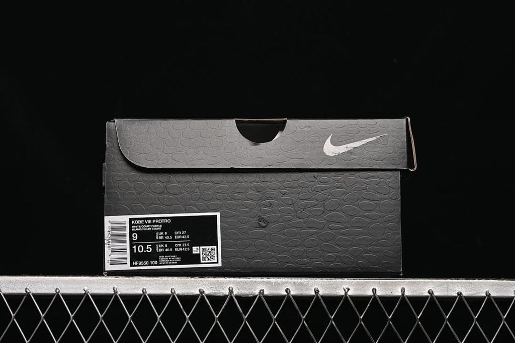 Shoe box label identifying Kobe VIII Protro, colorway and style code HF9550-100