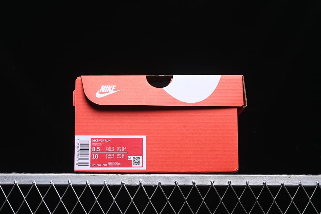 Nike shoe box label showing the V2K Run name, style code, and sample sizes