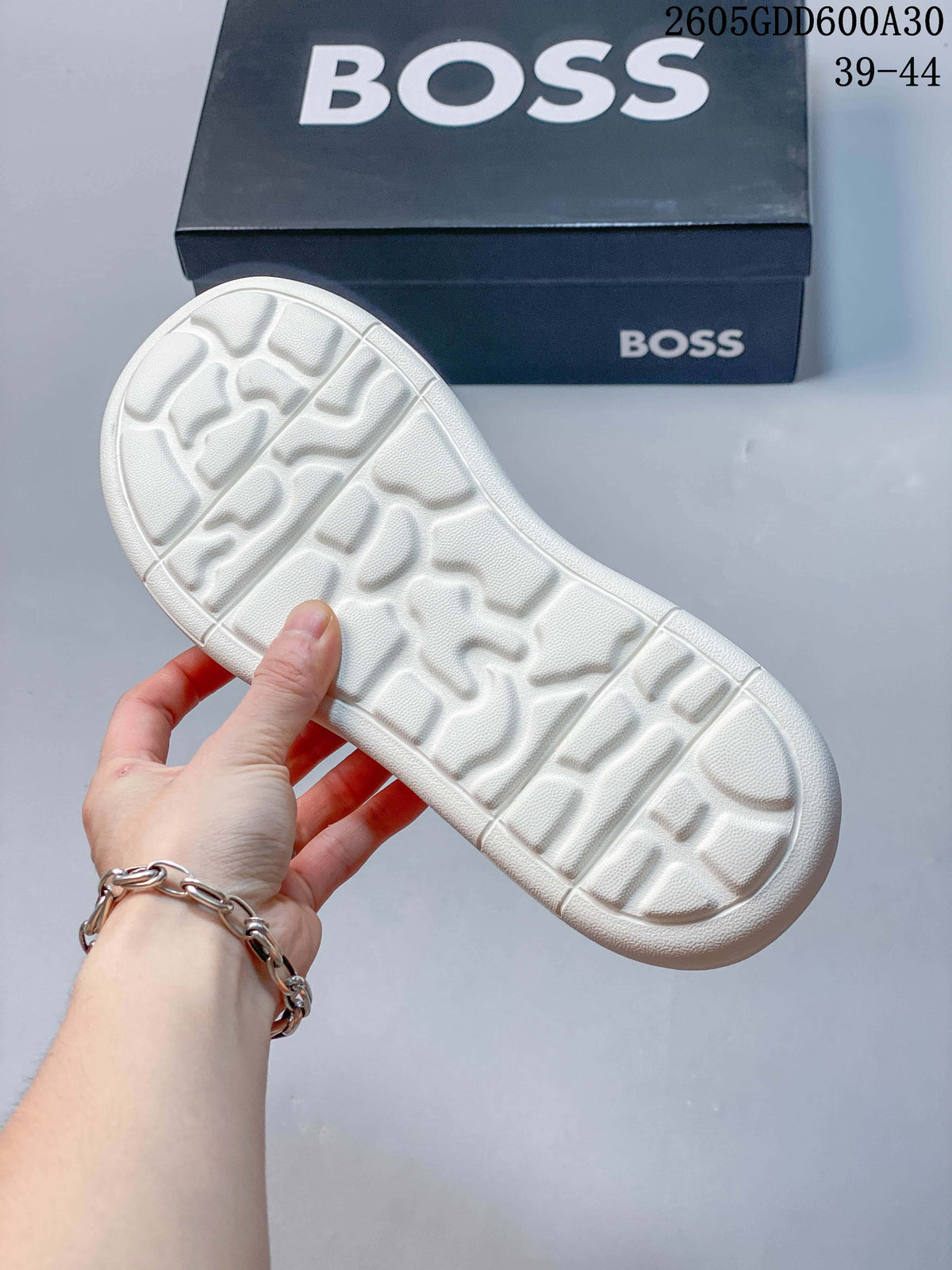 Close-up of the white patterned outsole beneath a BOSS shoebox