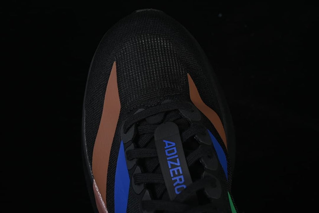 Top view of the black mesh-like toe and multicolor side accents.