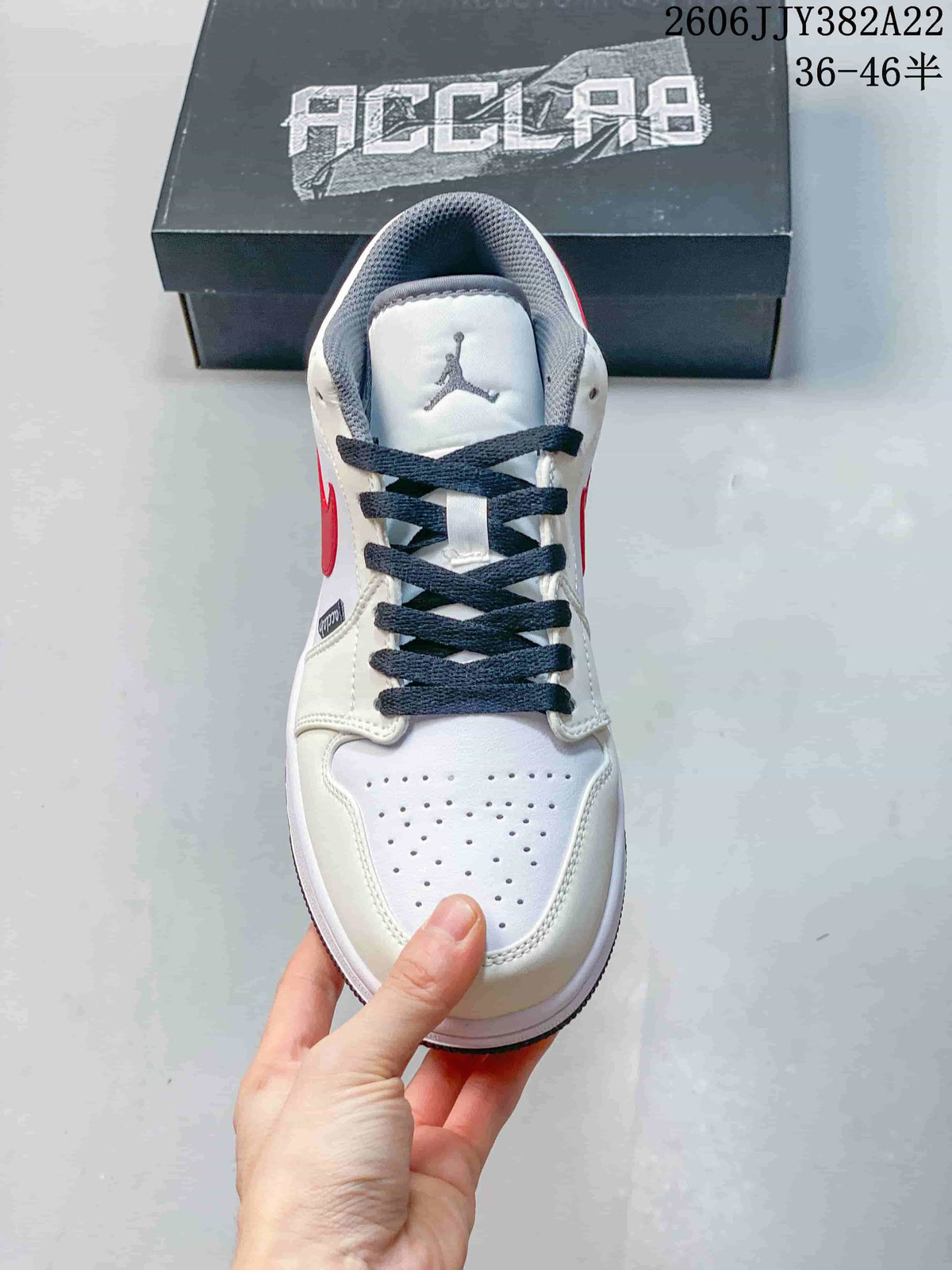 Top view showing the perforated toe, dark laces, and grey collar lining