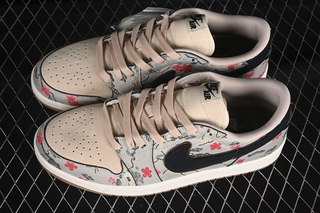 Pair of floral-print low-top sneakers shown from above