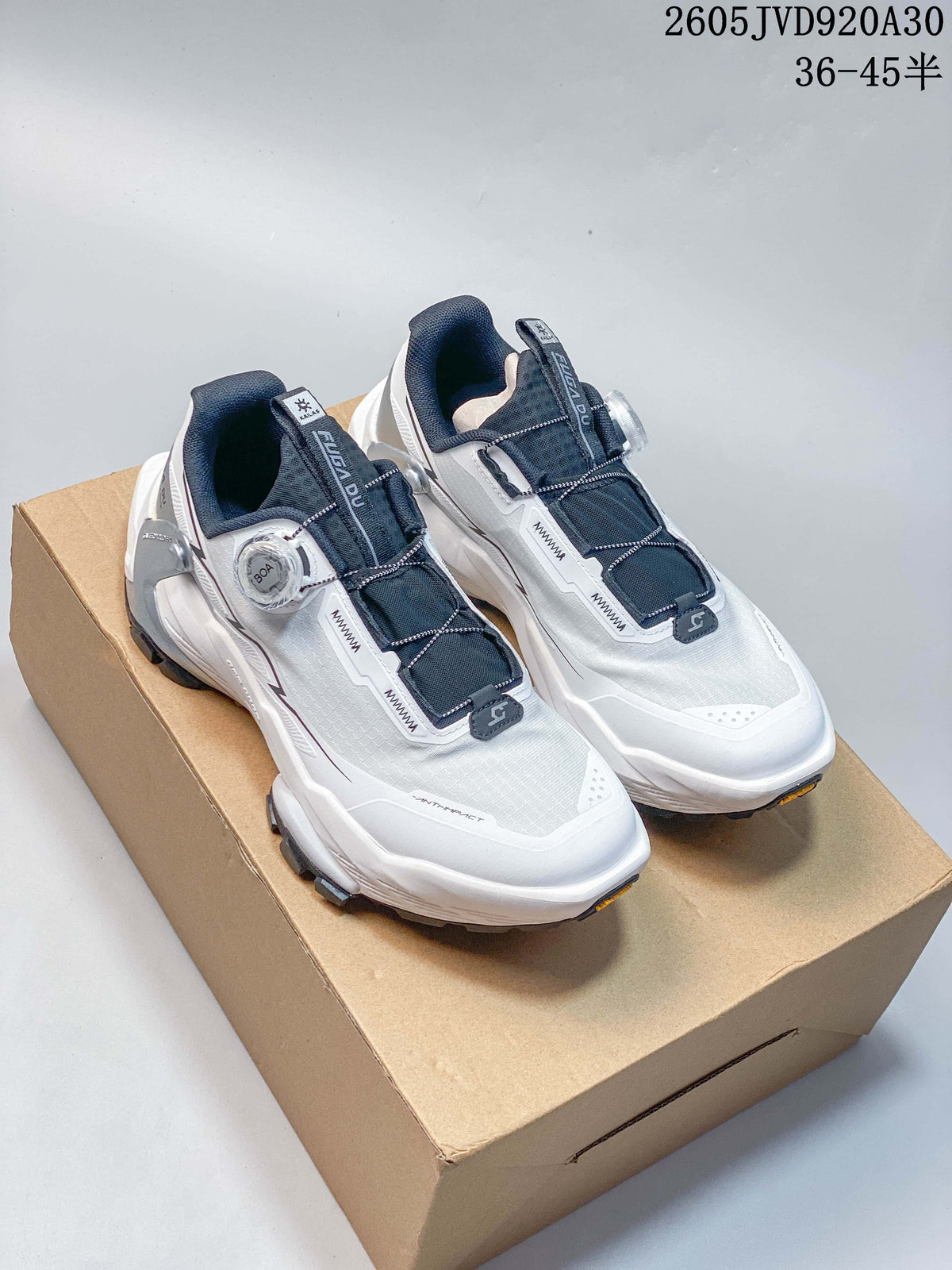 Pair of white and navy KAILAS FUGA DU2 BOA trail shoes viewed from above at an angle.