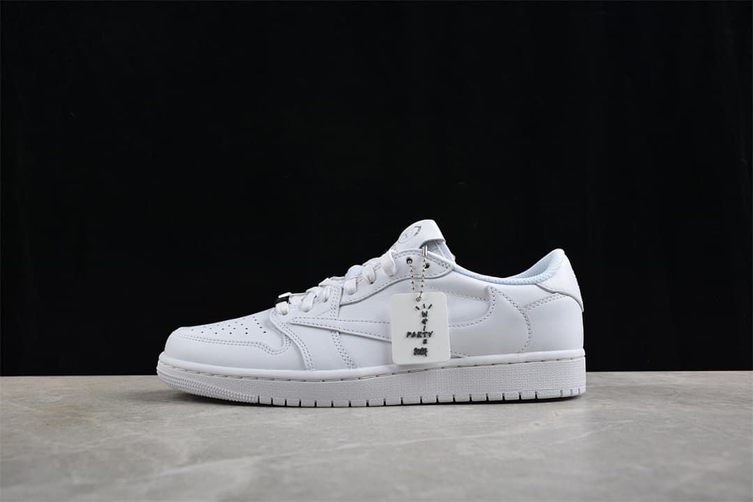 White low-top Air Jordan 1 sneaker shown from the side against a dark background