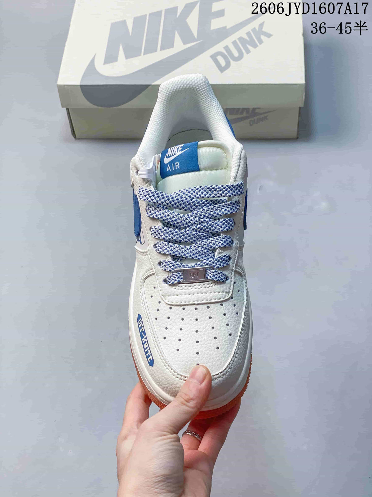 Top view showing the perforated toe, patterned laces and blue tongue label