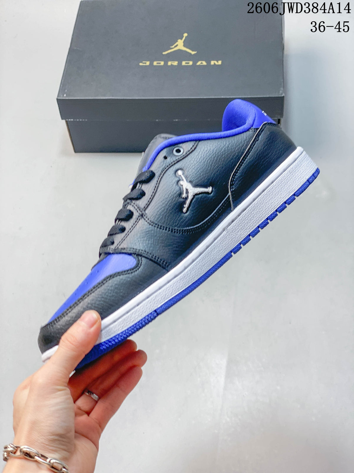 Side view of a dark gray and blue Jordan Court Connect low-top sneaker