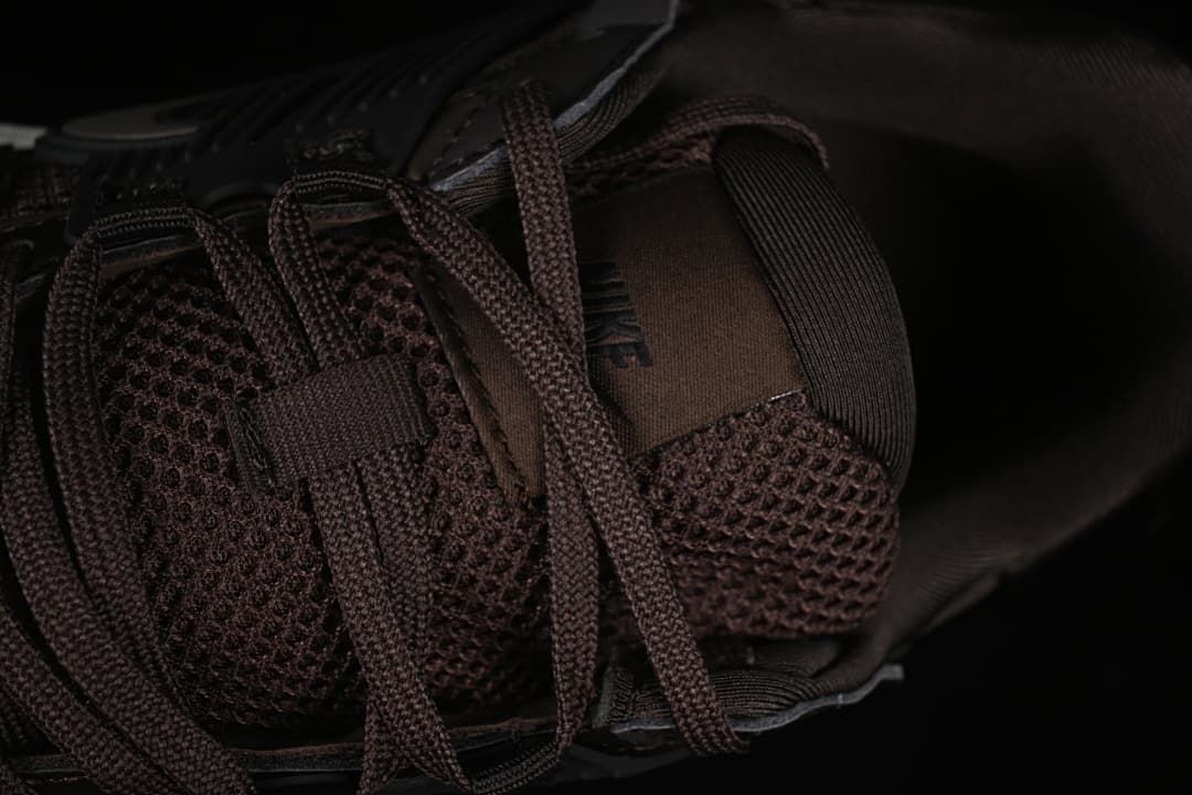 Close-up of the mesh-look tongue and brown laces