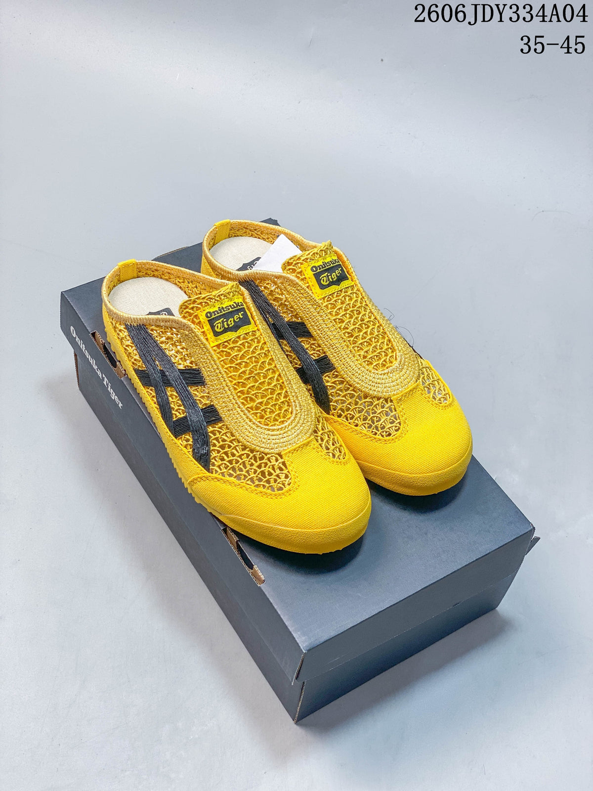 Pair of yellow Onitsuka Tiger Mexico 66 Sabot slip-on shoes on a shoebox; image overlay shows size range 35–45.