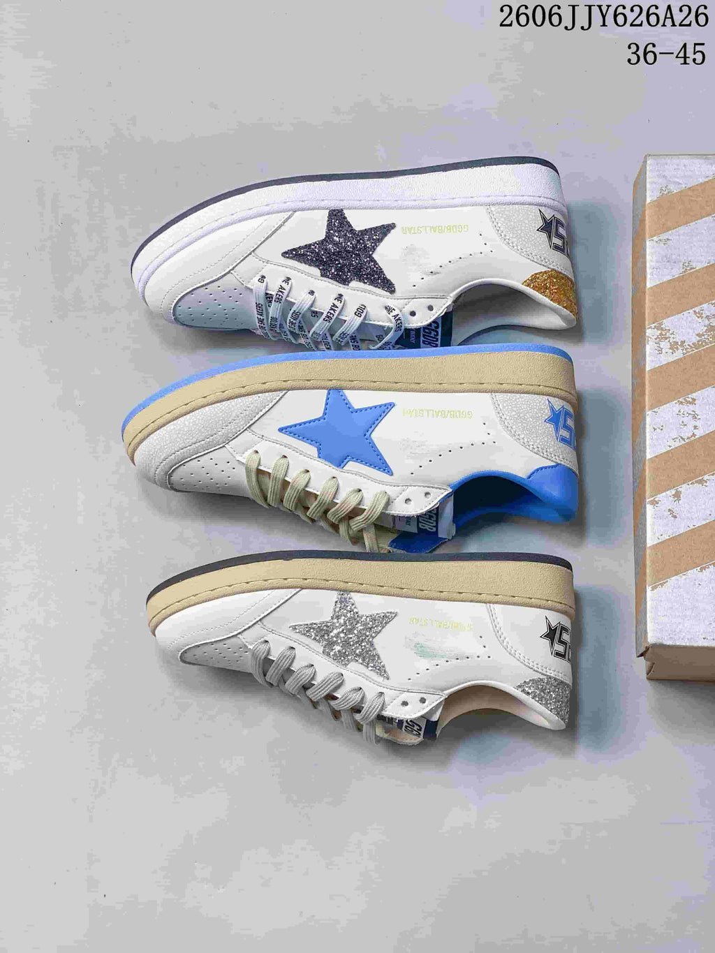 Three white low-top sneakers shown side by side, featuring different star colors and sole trims.