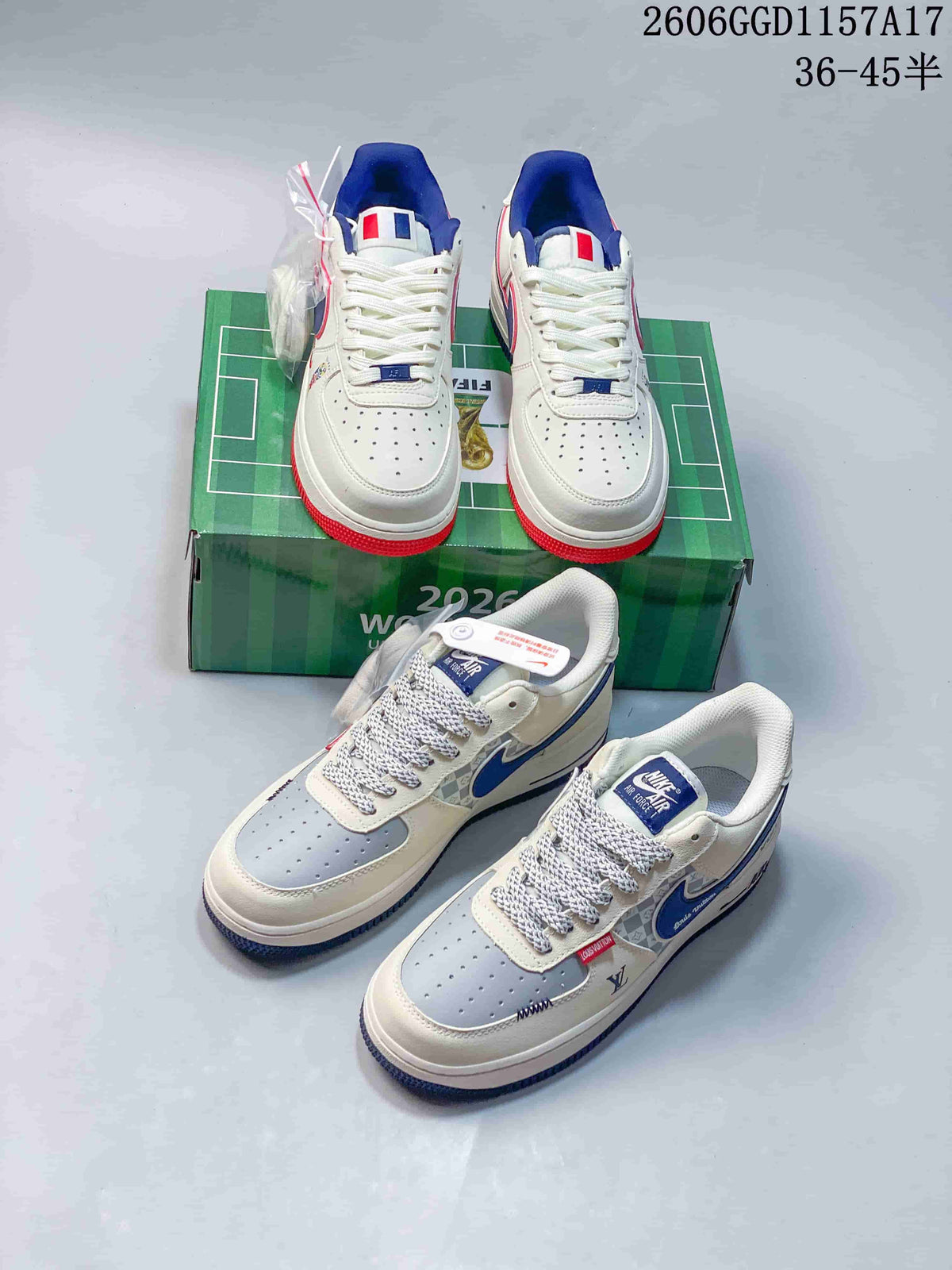 Two different sneaker designs pictured together, including cream and pale blue patterned sneakers and white sneakers with blue and red details