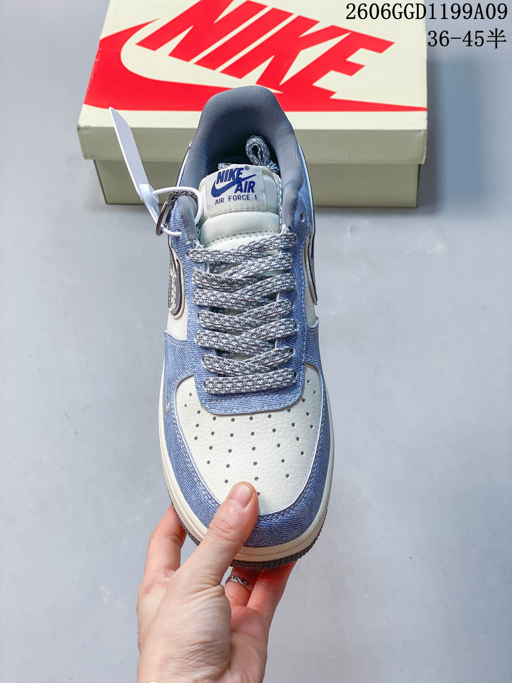 Top view showing the perforated toe, patterned laces, and tongue label.