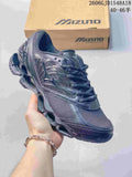 Dark navy Mizuno Prophecy 8 mesh running shoe held in front of a Mizuno box