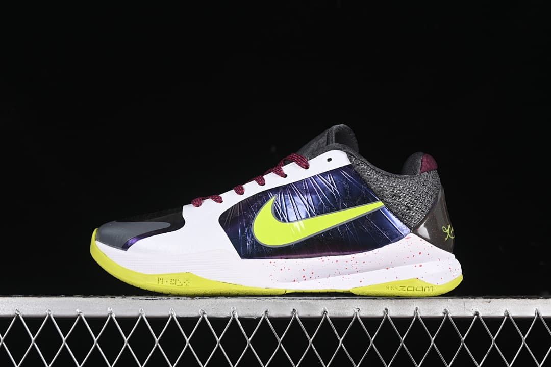 Side view of Nike Kobe 5 Protro shoes in white, navy, charcoal, burgundy, and yellow-green.