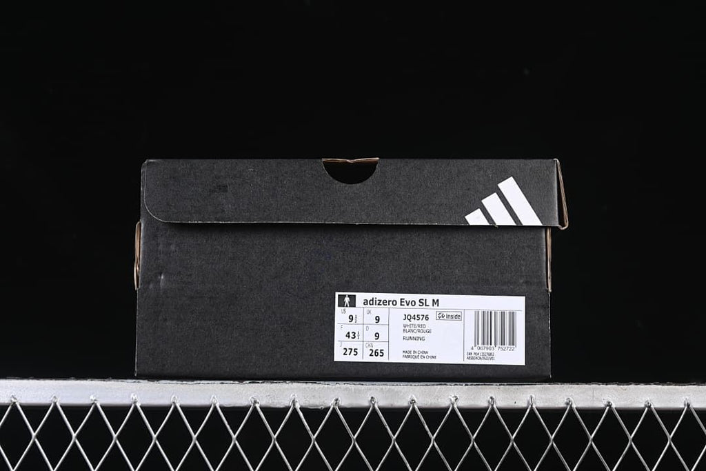 Shoe box label identifying Adizero Evo SL M, style JQ4576, and size EU 43⅓