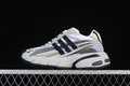 Side view of white adidas Adistar Jellyfish sneakers with black stripes and cream and grey accents