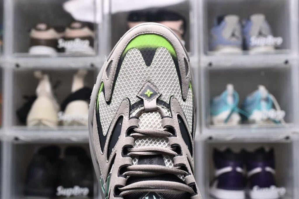 Top-down close-up of the textured toe and lace area