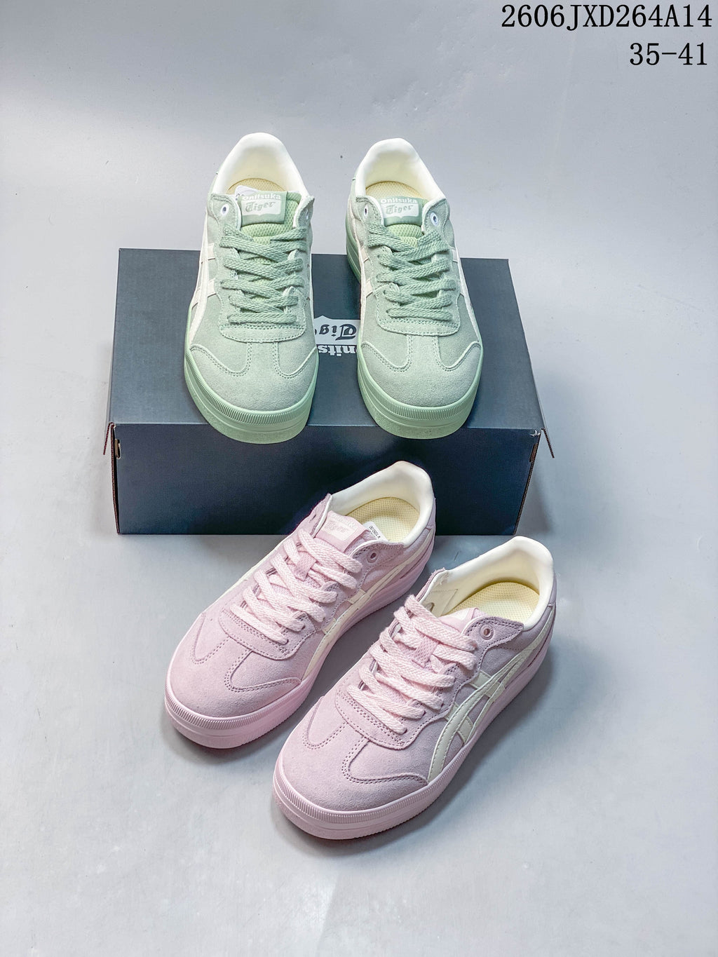 Pastel green and pink Onitsuka Tiger Tokuten Chunk sneakers shown together