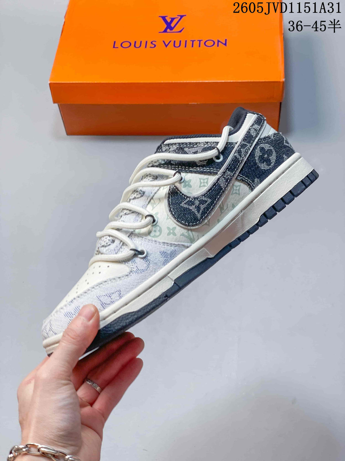 Side view of a low-top sneaker with pale patterned panels and dark overlays