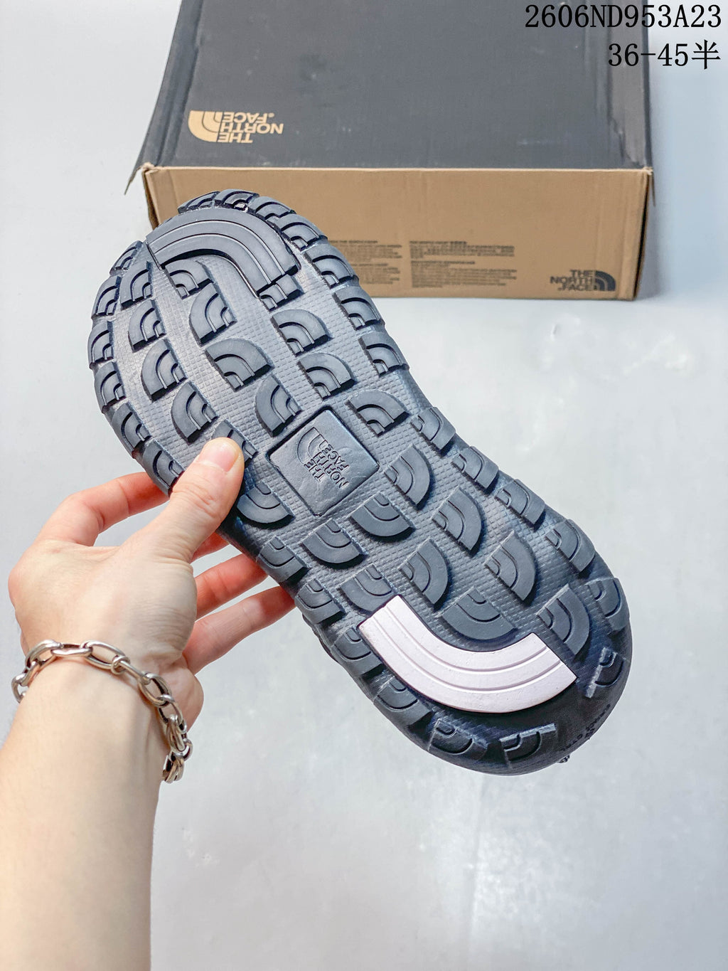 Close-up of the sandal outsole showing its tread pattern