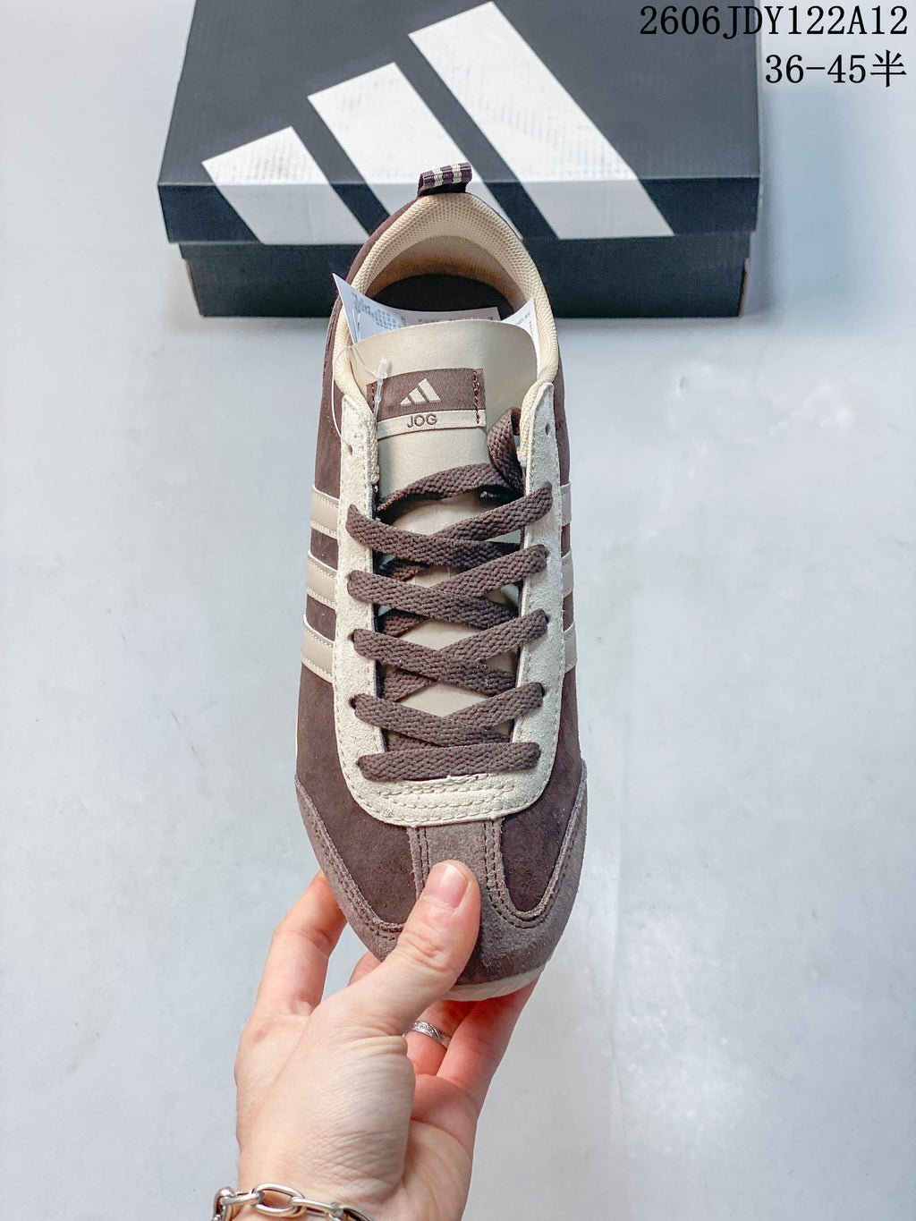 Top view of the sneaker showing its laces, tongue, and color-blocked upper
