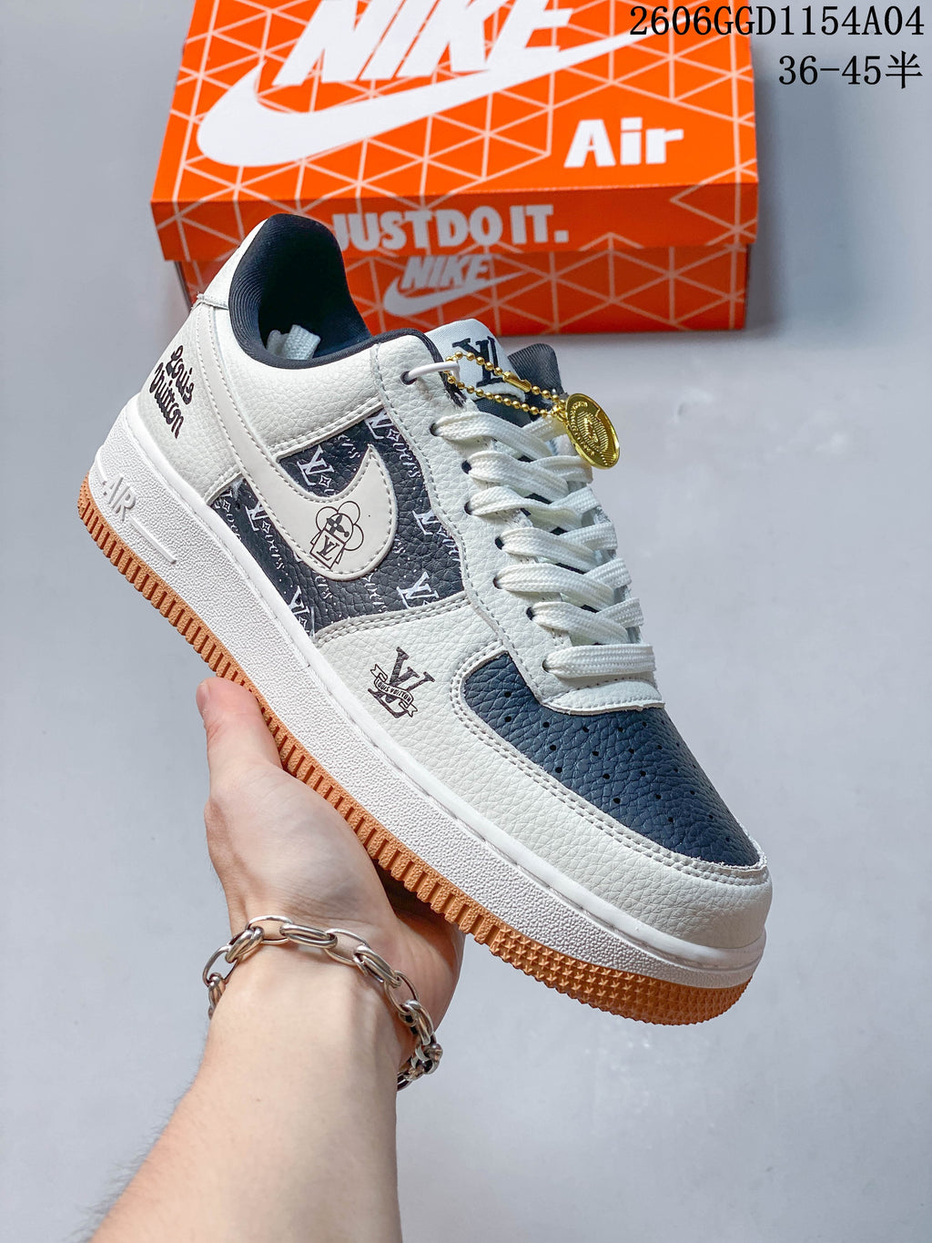 Angled side view showing patterned panels, white overlays, and gum-colored outsole.