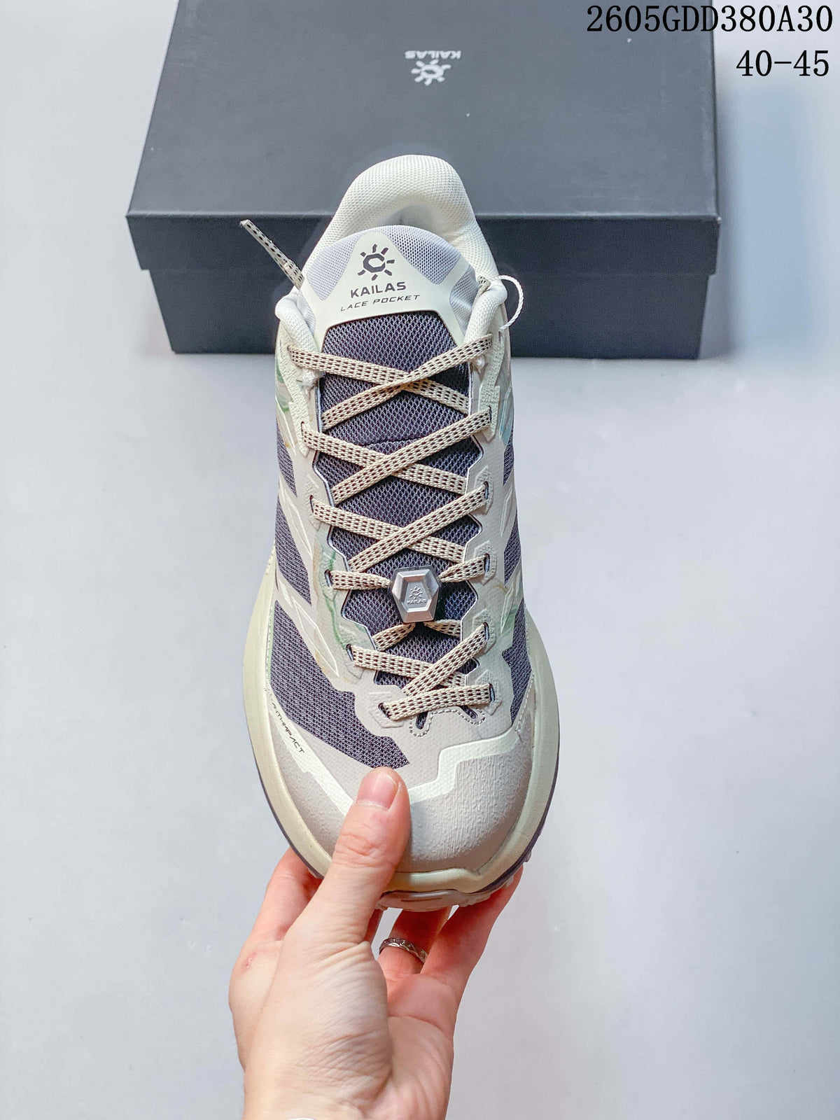 Top view showing the laces, tongue, and lace pocket