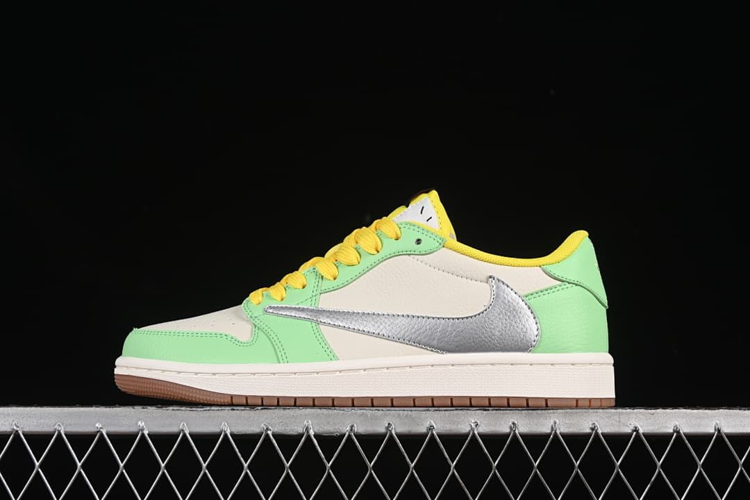 Side view of a low-top sneaker with mint green and off-white panels, yellow laces, a silver Swoosh, and a gum-colored outsole.