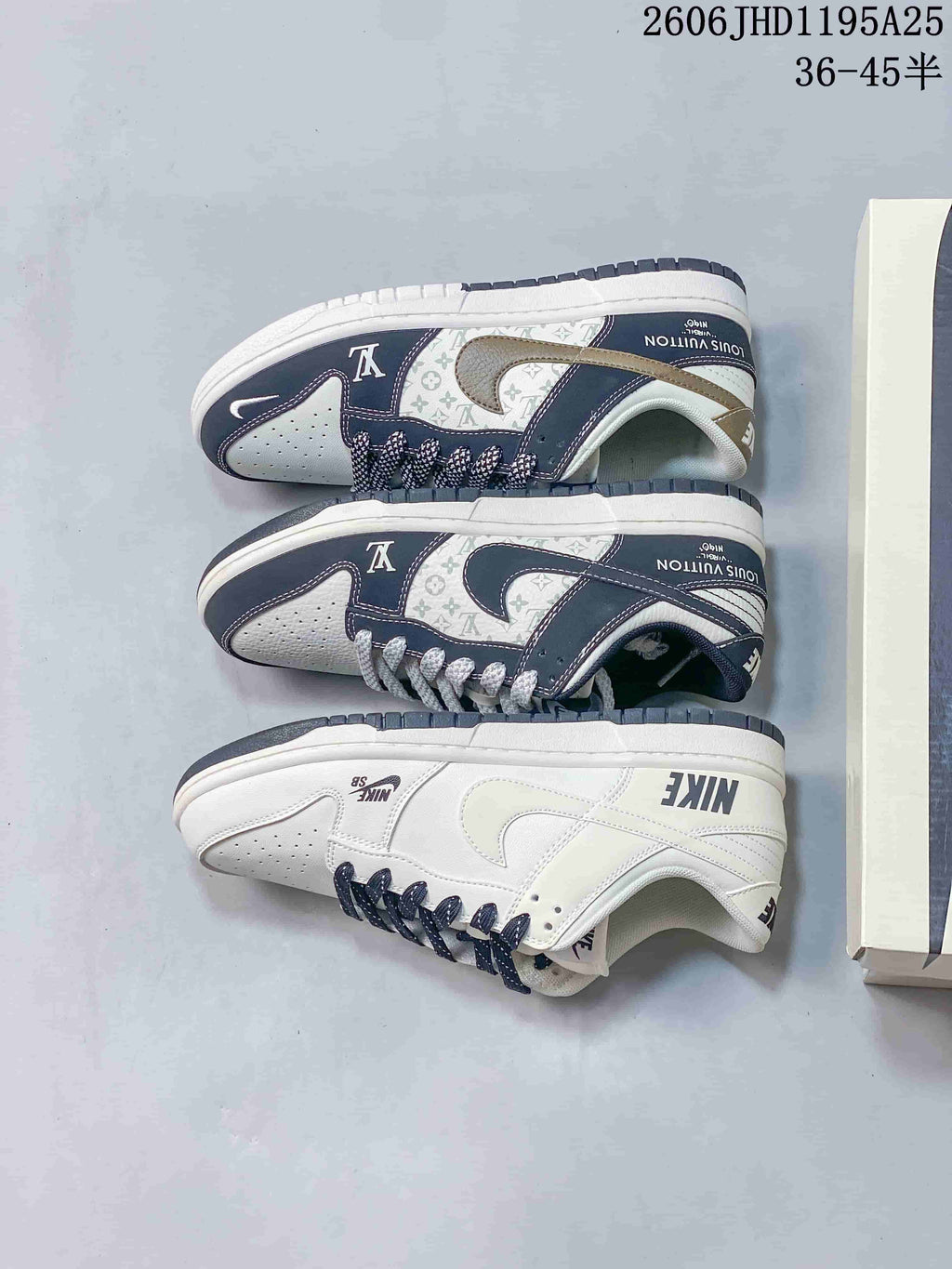 Side view of navy and white patterned sneakers alongside a white colorway