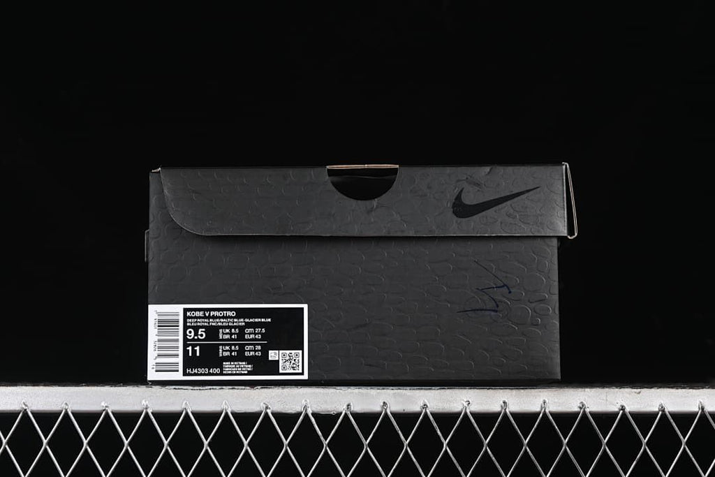 Shoe box label identifying Kobe V Protro and style code HJ4303-400; size shown as US 9.5 and EU 43