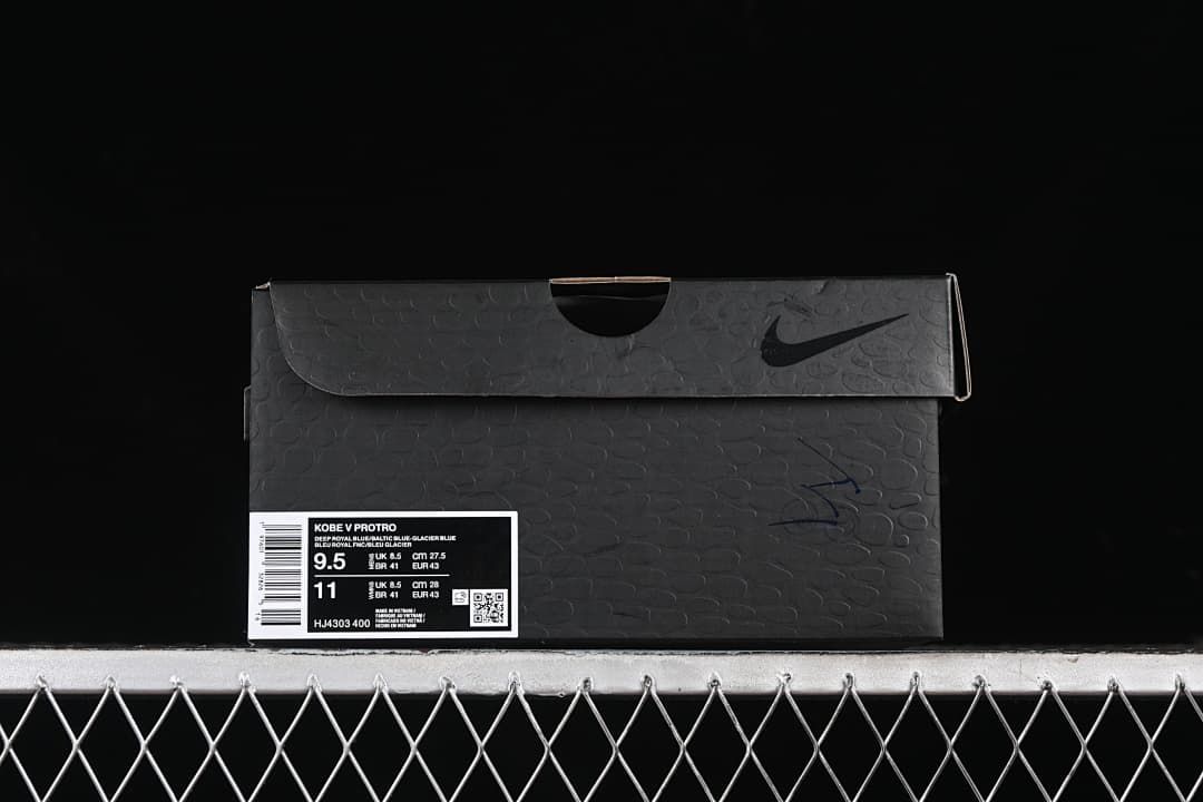 Shoe box label identifying Kobe V Protro and style code HJ4303-400; size shown as US 9.5 and EU 43