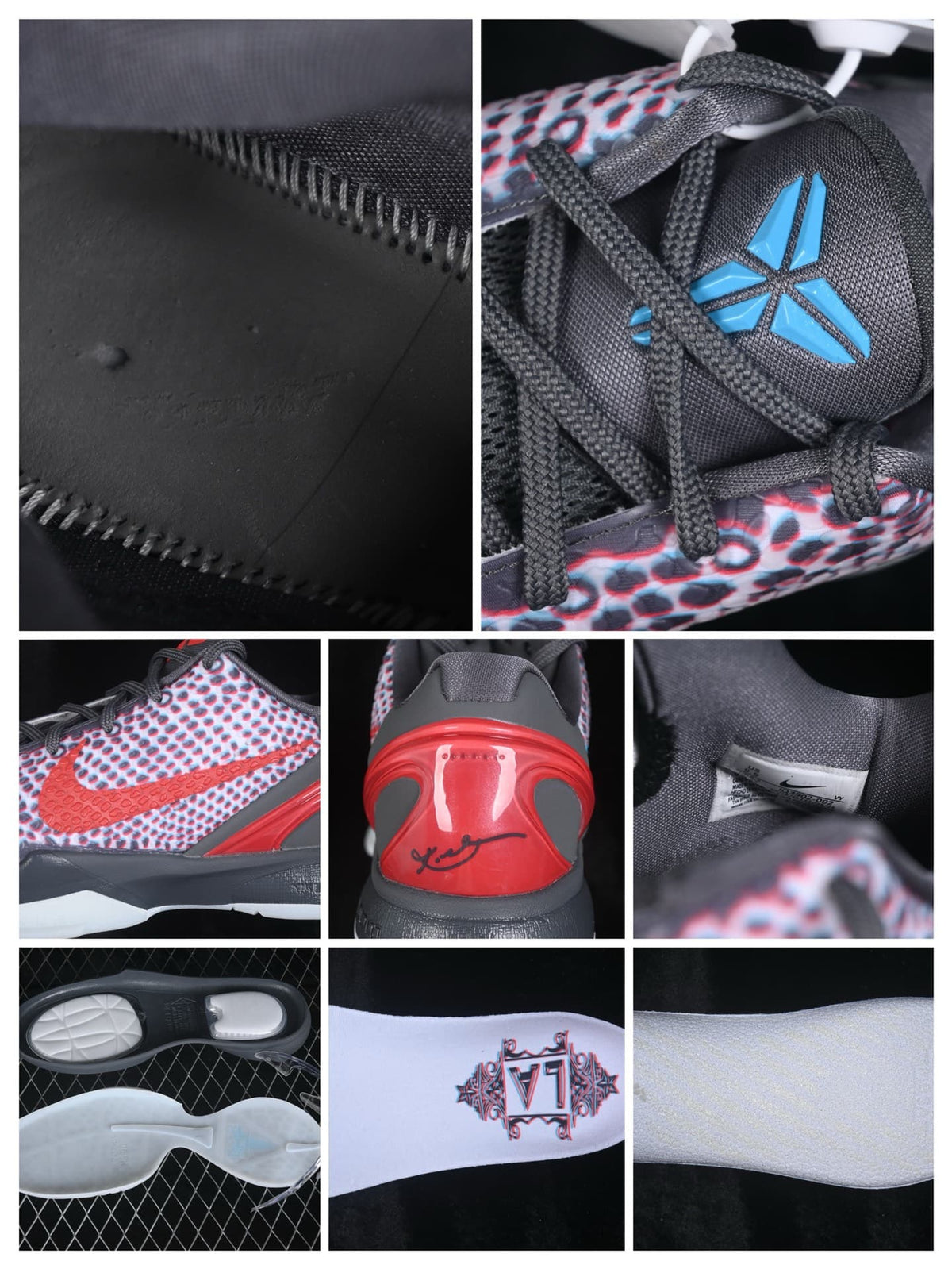 Detail collage showing stitching, tongue branding, patterned side panels, heel graphics, interior label, and outsole components.