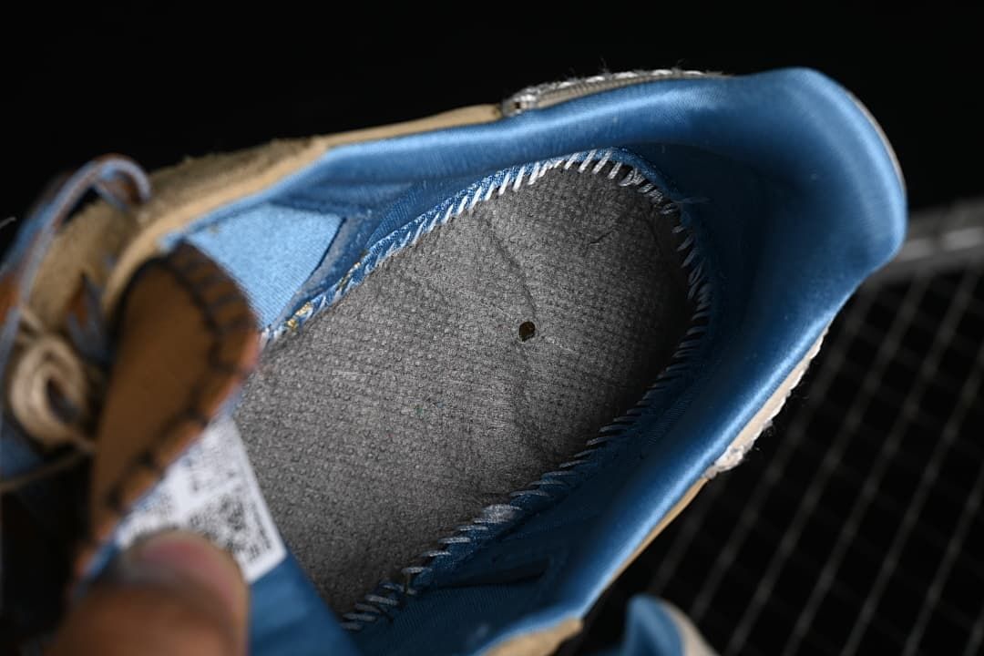 Interior view showing blue lining and stitched construction