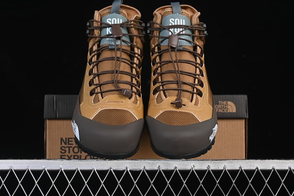 Front view of the pair of brown mid hiking shoes